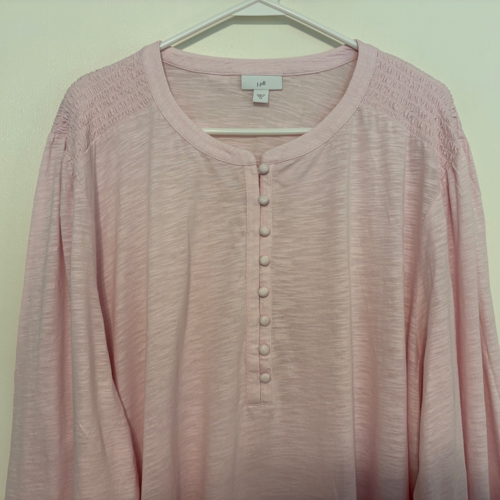 J. Jill Women's Plus Smocked Cotton Popover Henley Tunic Shirt Top 4X Pink - Picture 2 of 11
